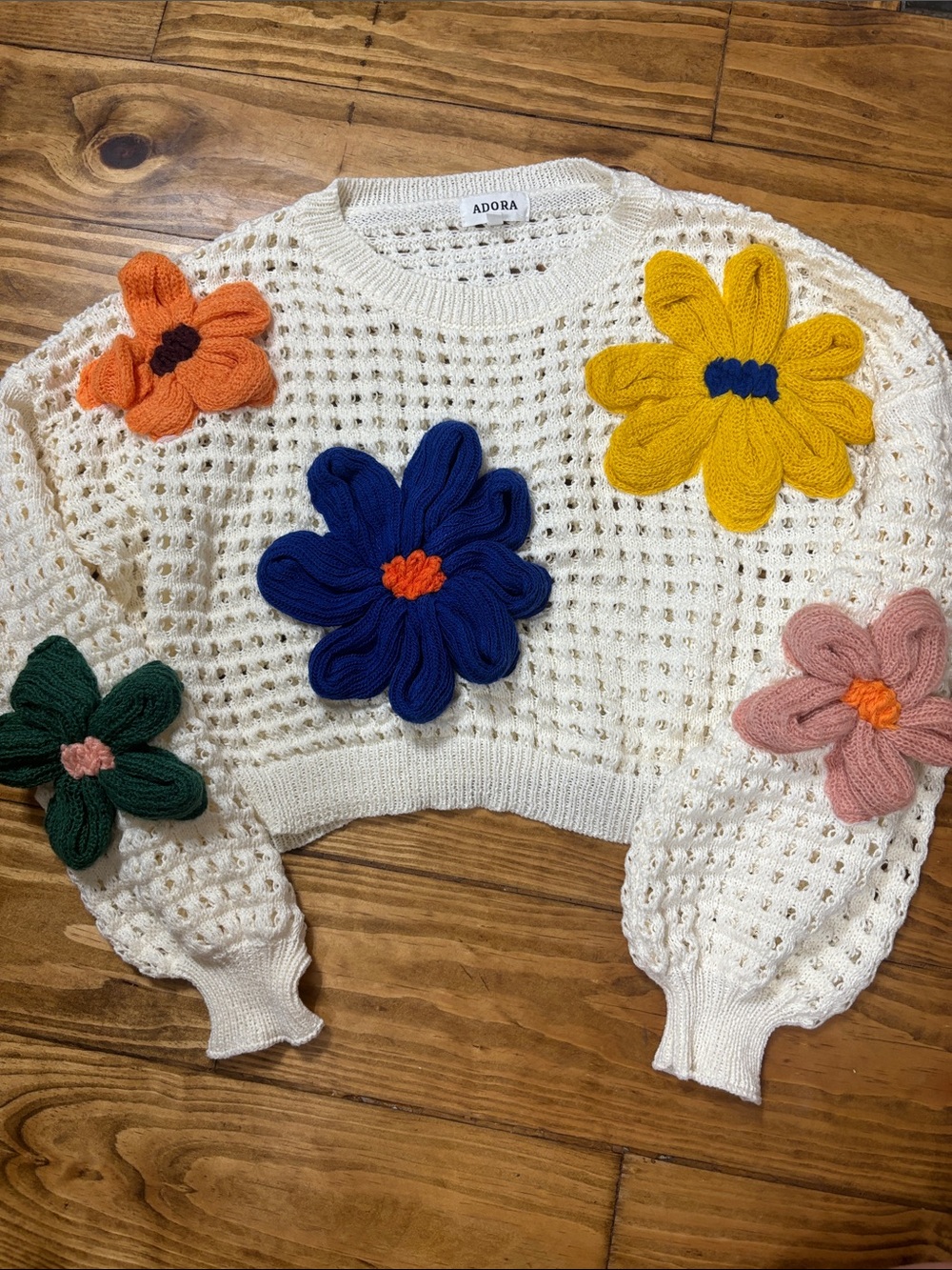 Adora Size Small Cream Knit Sweater with 3D Knit Flowers
